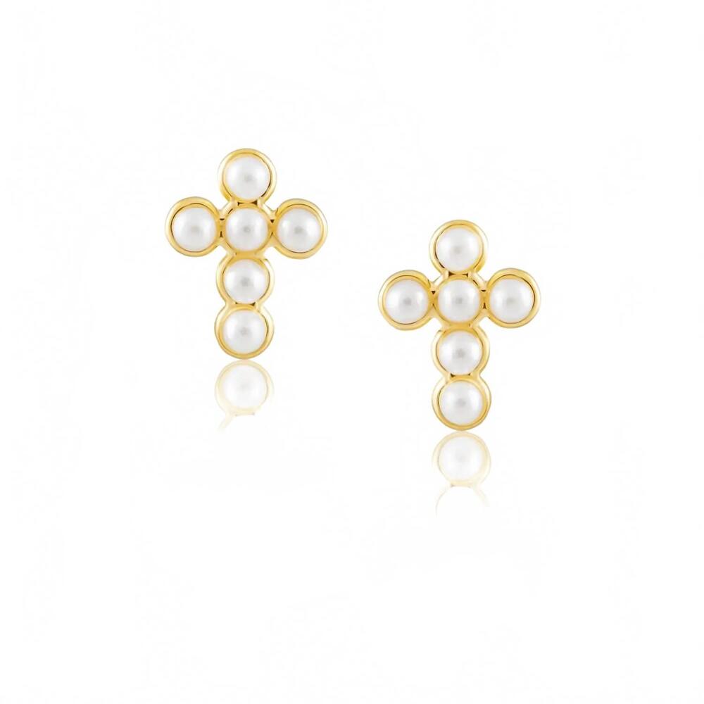 NEW SAHIRA women's pearl cross studs in gold